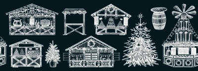 Christmas market background. Hand-drawn vector illustration on chalkboard. Holiday marketplace border design. Vintage seamless pattern. Christmas tree, wooden stall, candy shop, mulled wine sketches